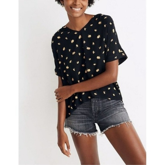Madewell Drapey V-Neck Button Back Top Black French Daisies Size S - Picture 15 of 15